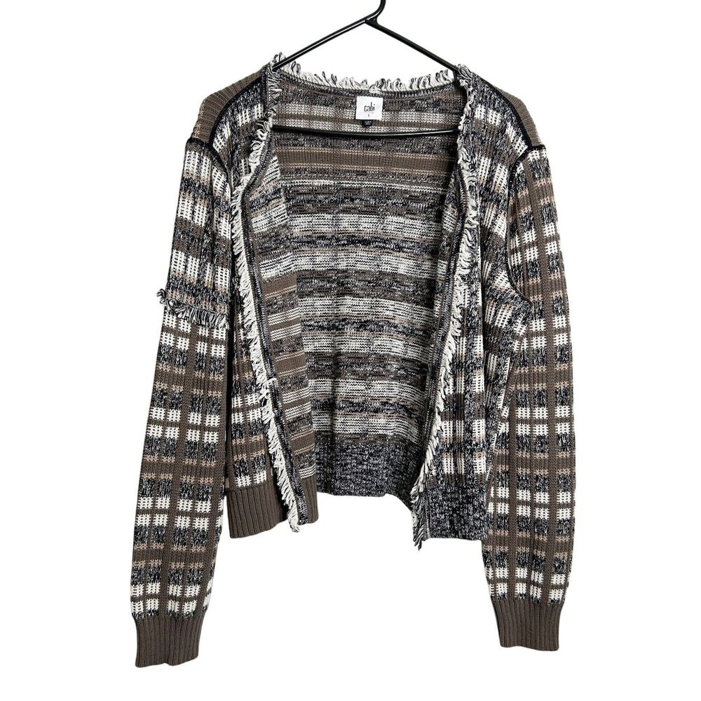CAbi Womens Cardigan Plaid Fringe Knit Open Front Medium